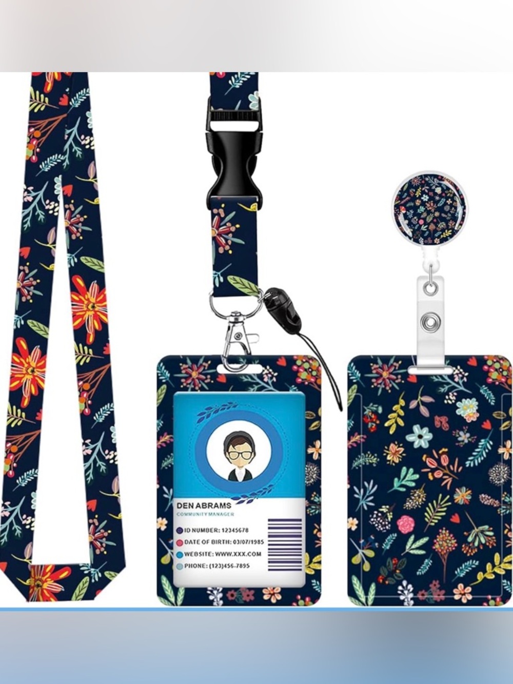 NWT Floral Navy Badge Lanyard with Retractable Reel